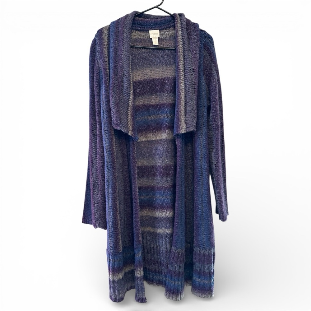 Vintage Y2K Era Chicos Purple and Blue Striped Long Open Cardigan Size 1 (M)